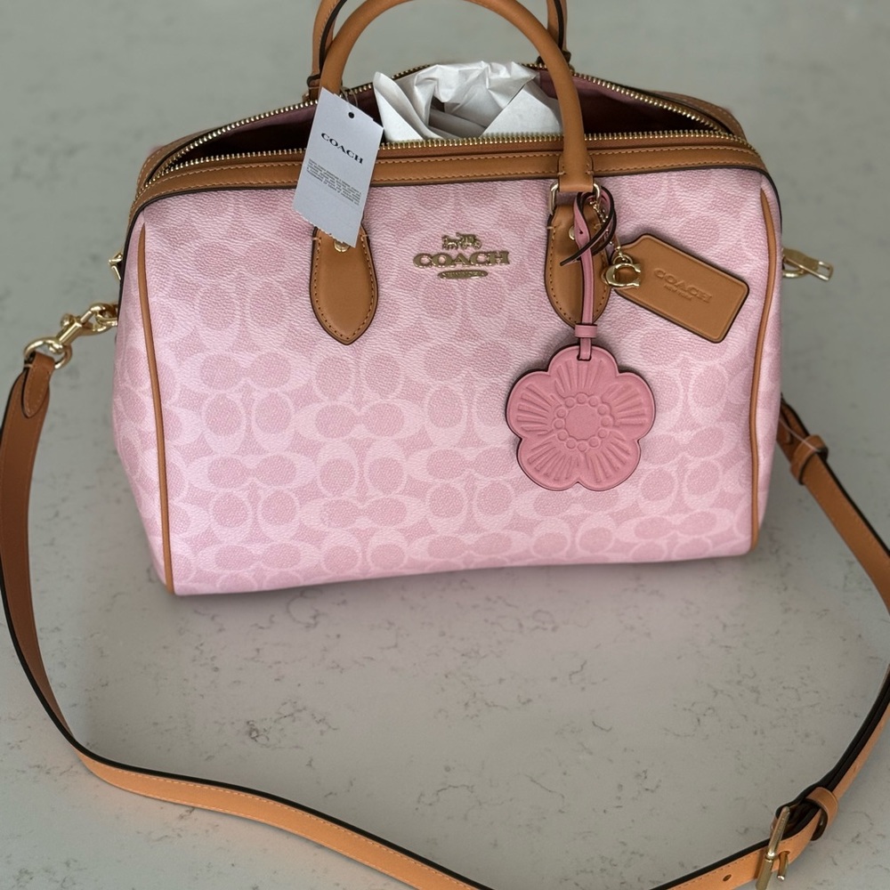 Coach Pink Signature Satchel with Tan Trim